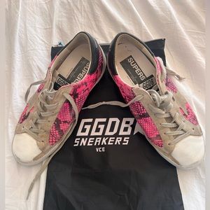 Golden Goose Pink Snake-Print & Beige Suede Low-Top Sneakers